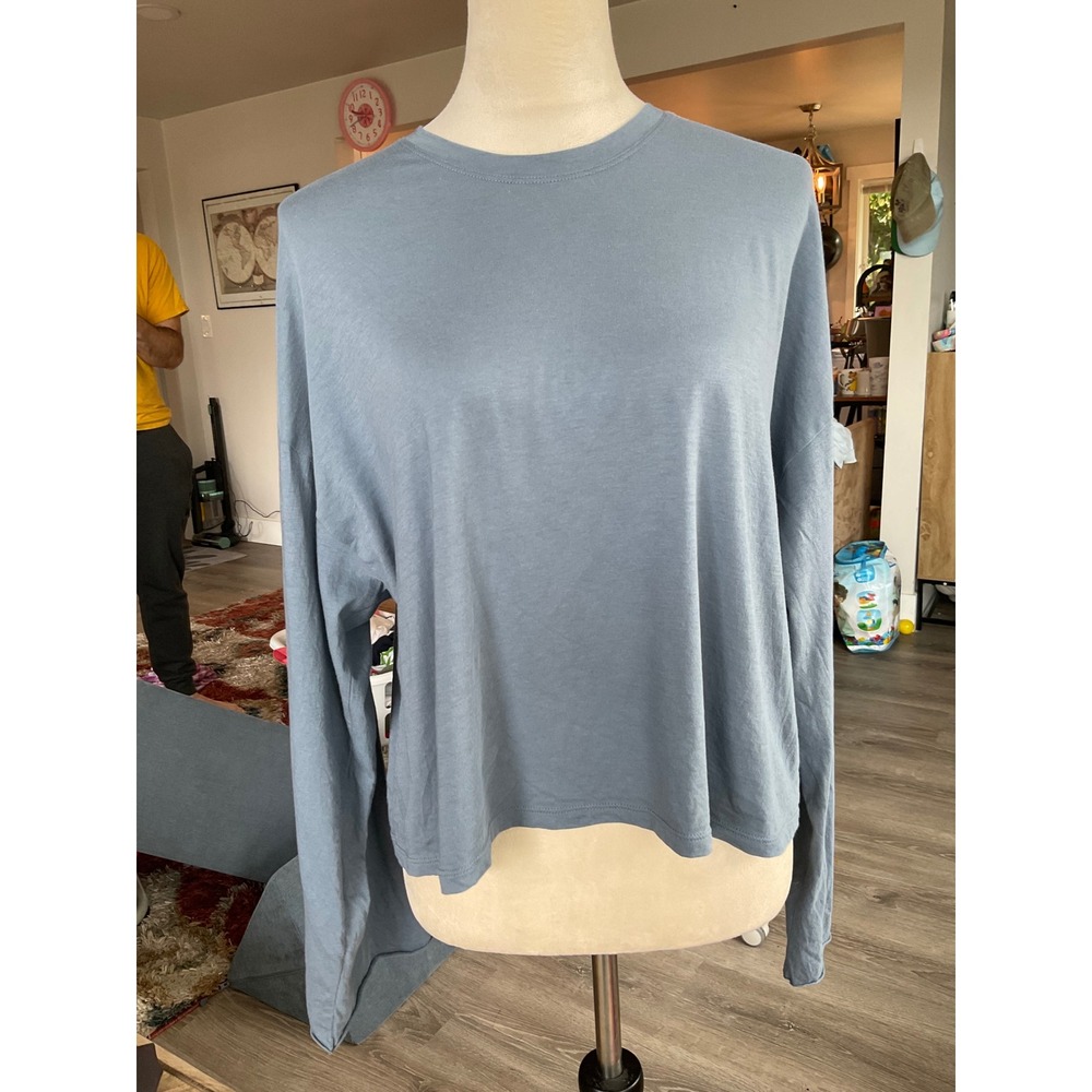 Lunya Good In Bed Organic Pima Cotton Long Sleeve Tee Blue Small Loungewear